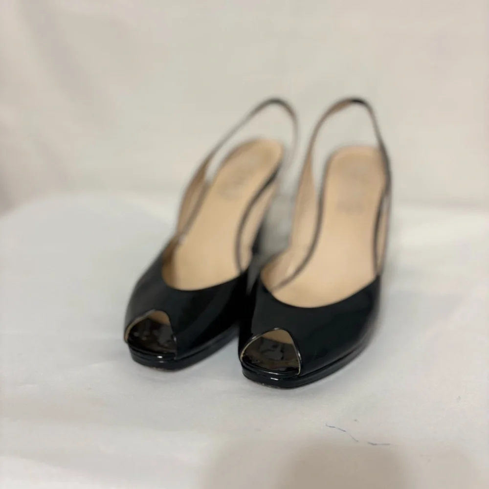 KORS Michael Kors Vivian patent leather peep toe slingback wedge heels